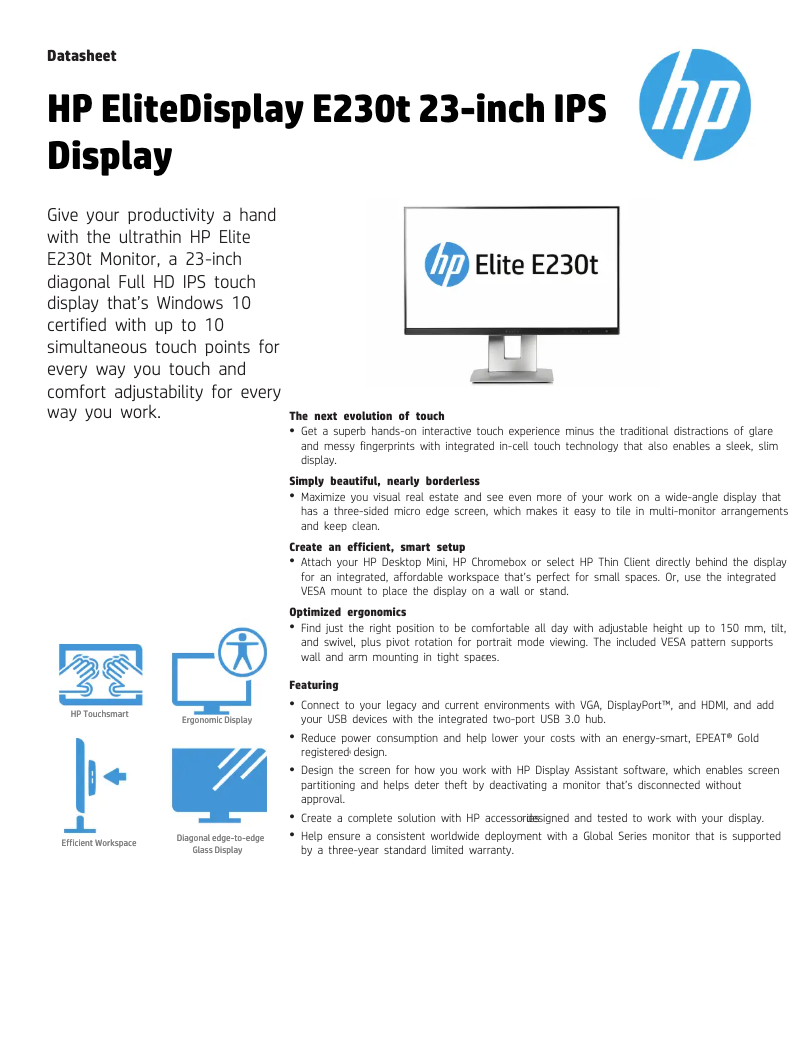 Page n°1 - Fiche technique HP EliteDisplay E230t