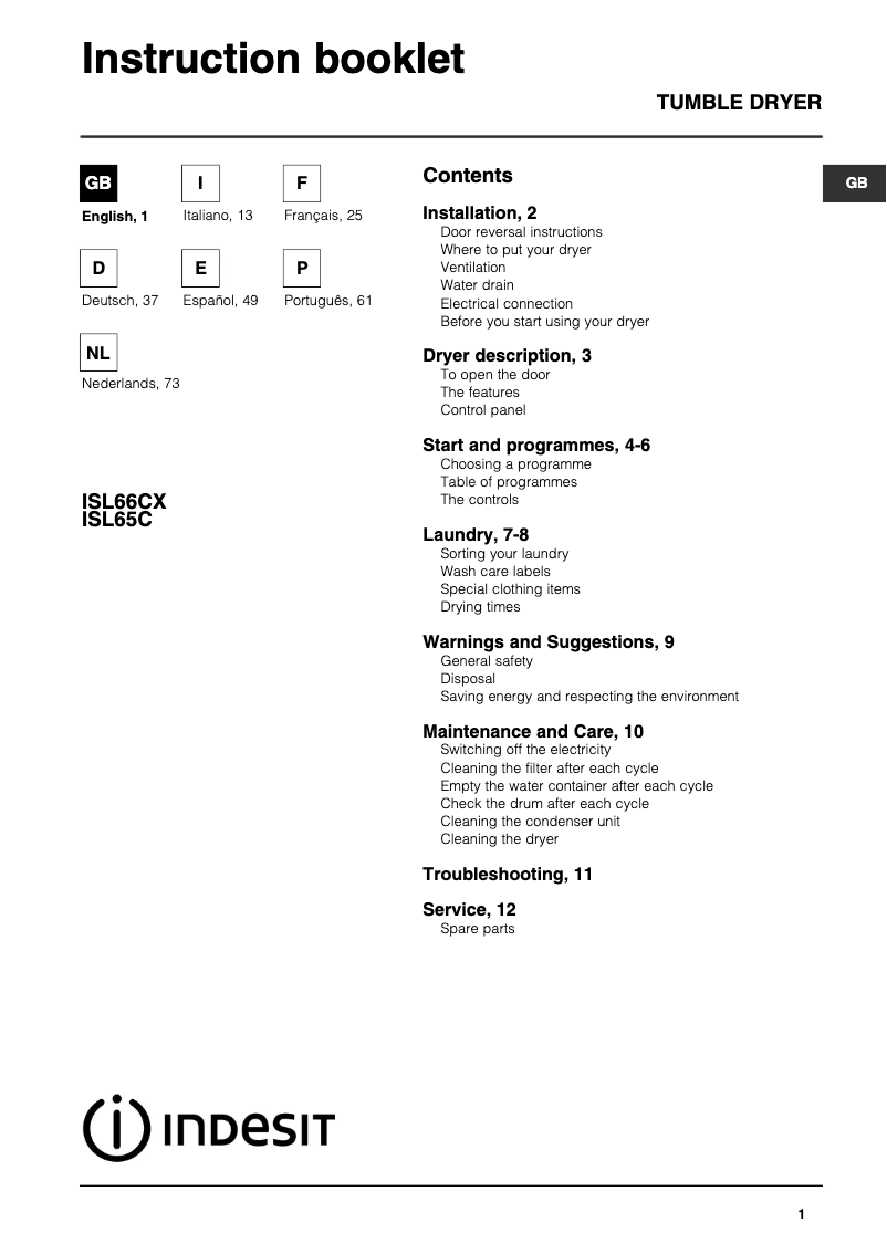 Page 1 de la notice Manuel utilisateur Indesit ISL 66 CX (EX)