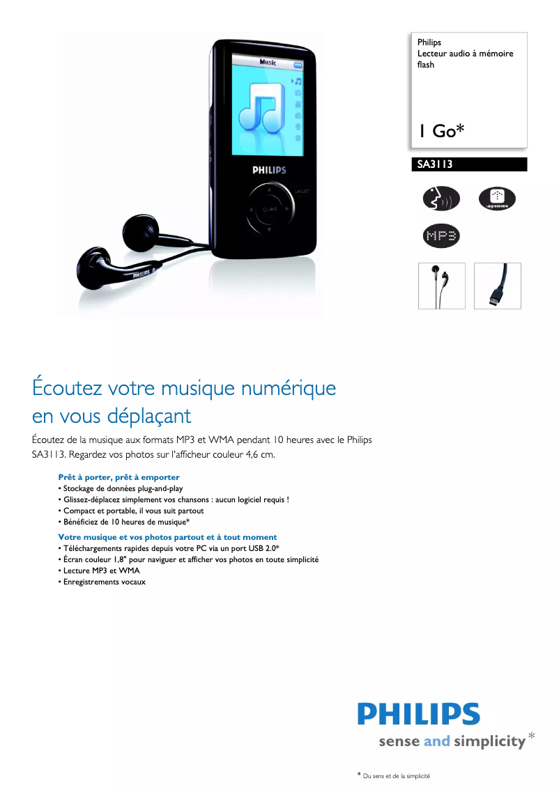 Page 1 de la notice Fiche technique Philips SA3113