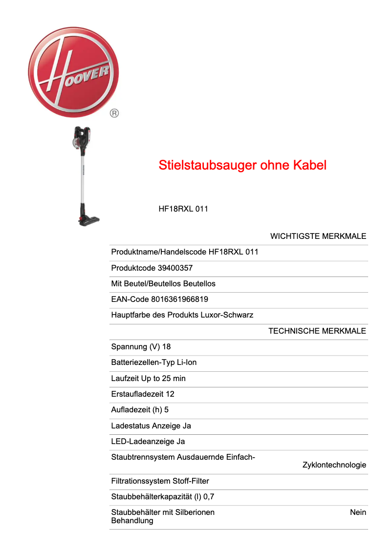 Page n°1 - Fiche technique Hoover H-Free HF18RXL 011