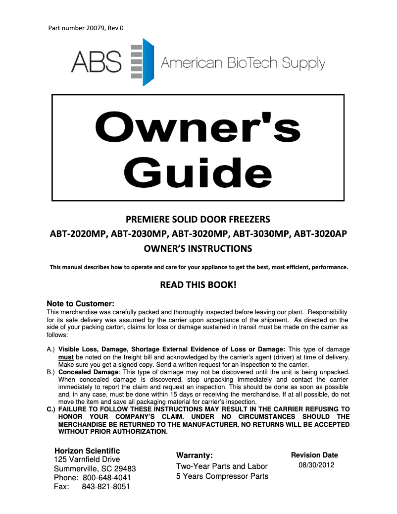 Page 1 de la notice Manuel d'utilisation et d'entretien American BioTech Supply ABT-MFP-30