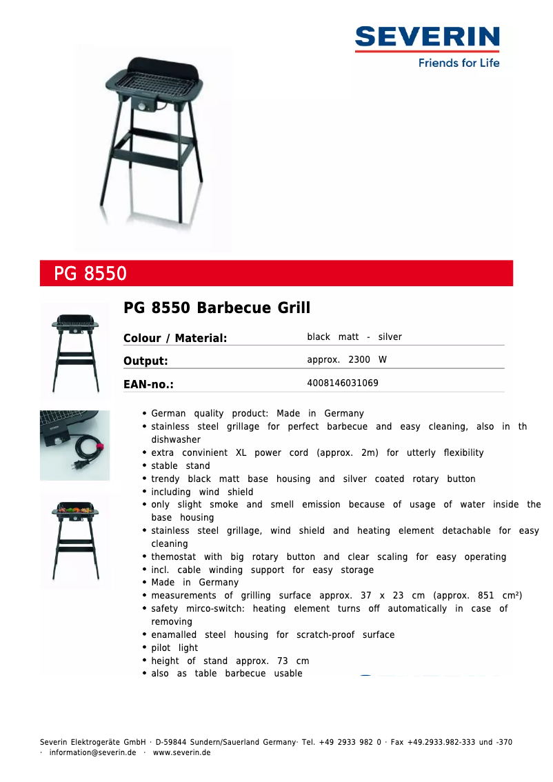 Page 1 of the manual Technical Sheet Severin PG 8550