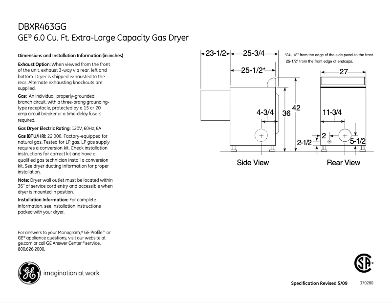 Page 1 de la notice Fiche technique GE DBXR463GGWW