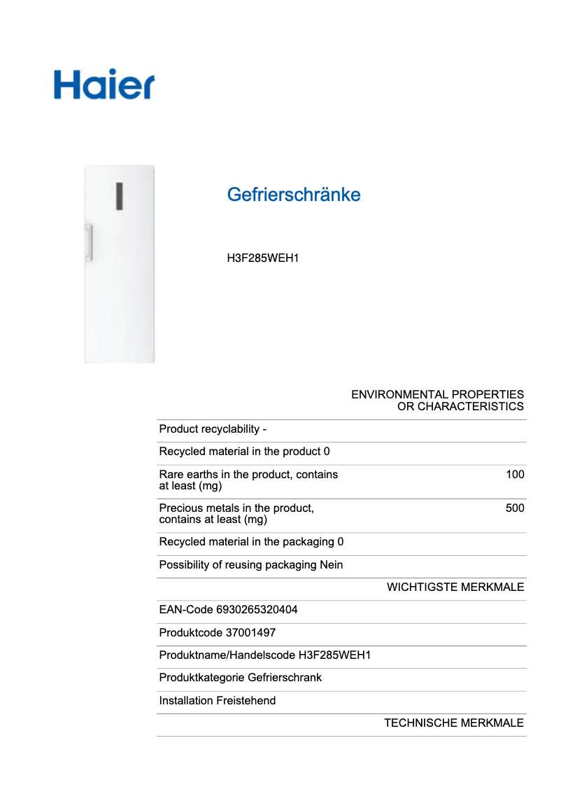 Page 1 de la notice Label énergétique Haier H3F-285WE