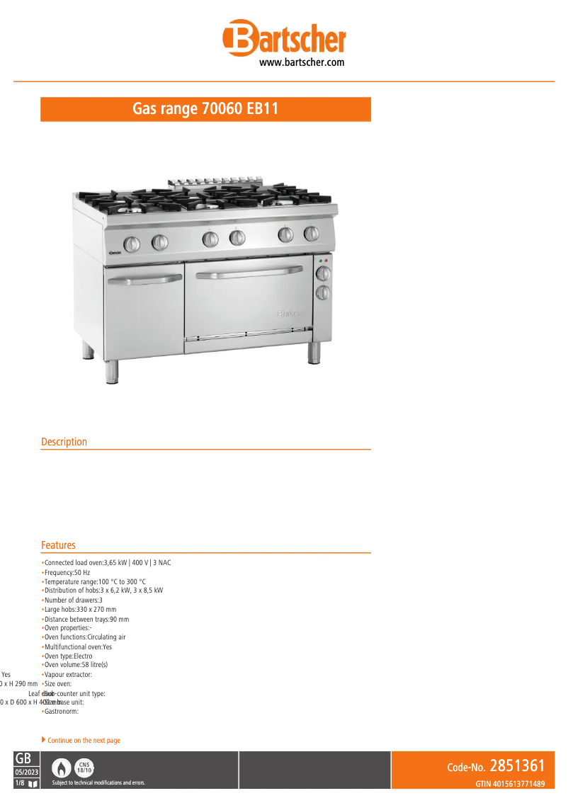 Page 1 de la notice Fiche technique Bartscher 2851361