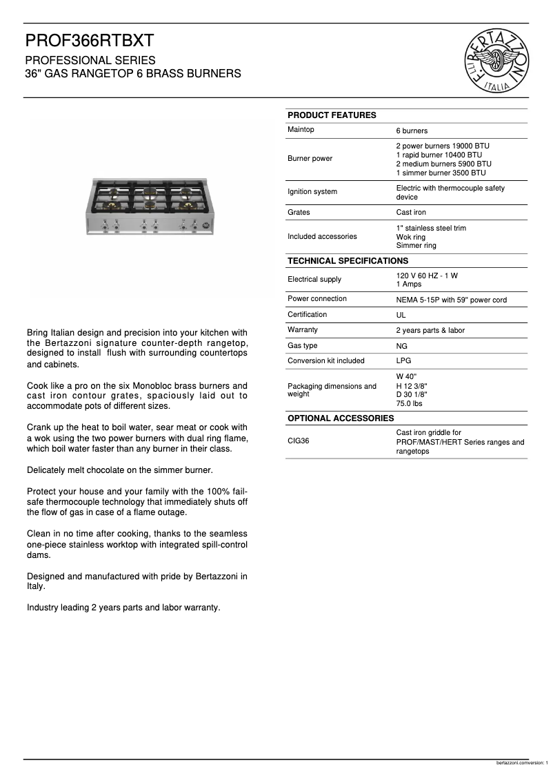 Page 1 de la notice Fiche technique Bertazzoni PROF366RTBXT