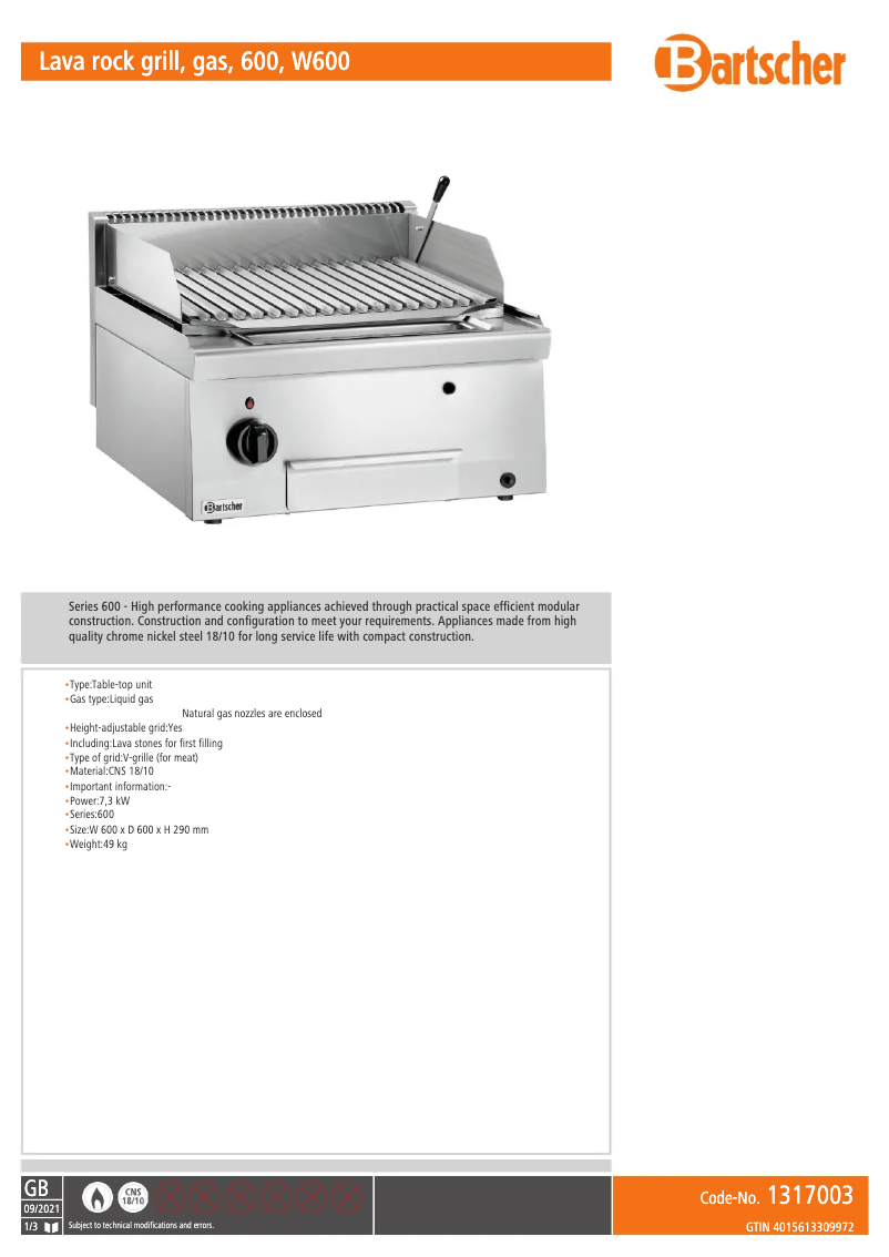 Page 1 de la notice Fiche technique Bartscher 1317003
