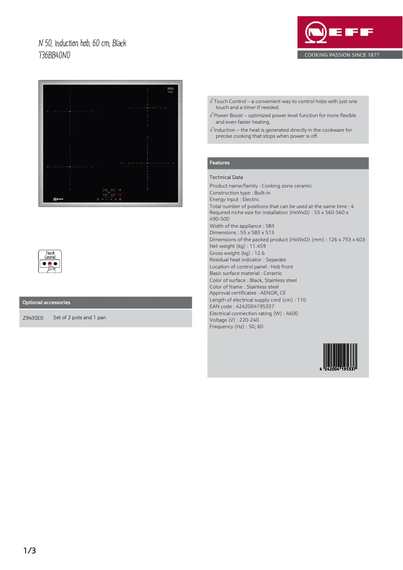 Page 1 de la notice Fiche technique Neff T36BB40N0