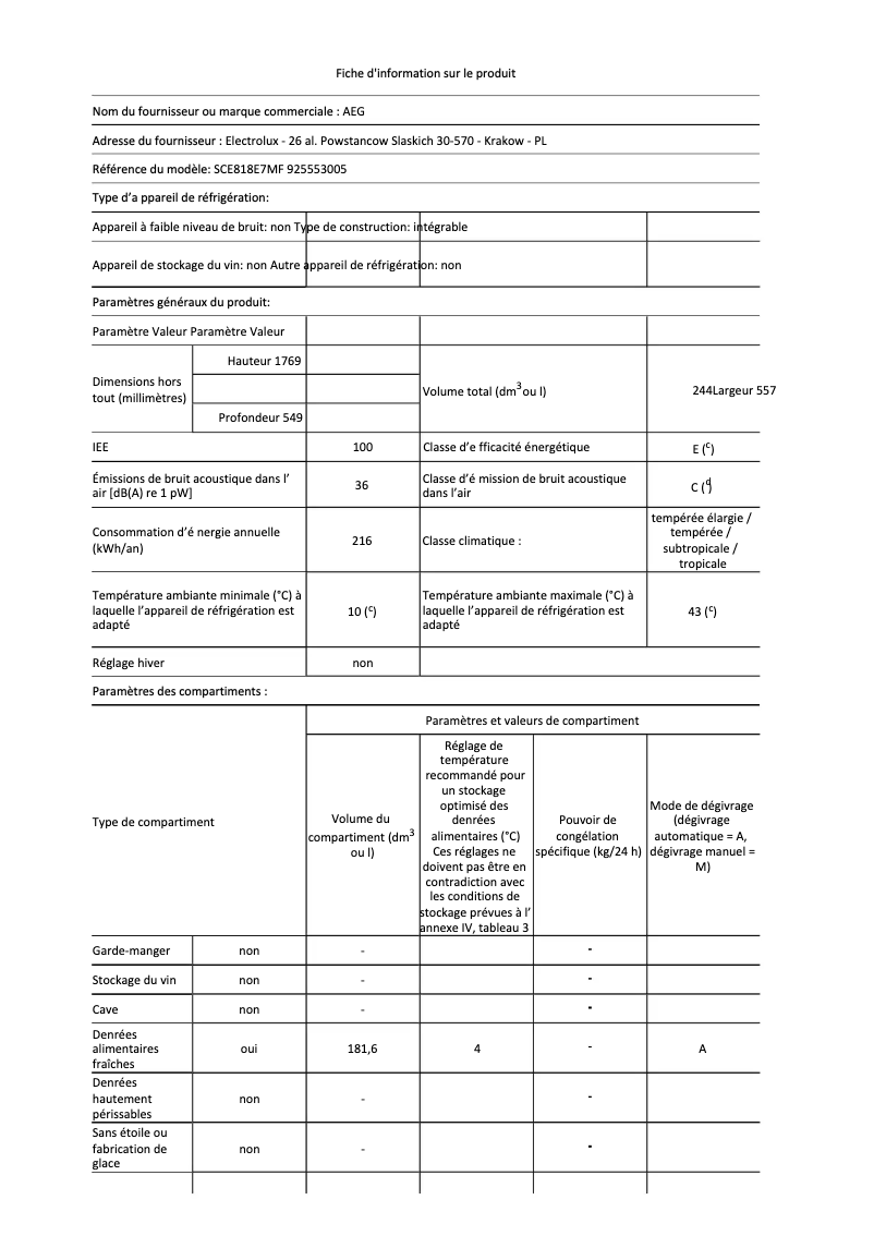 Page n°1 - Fiche technique AEG SCE818E7MF