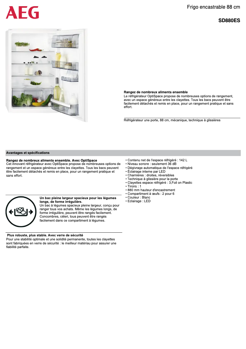 Page 1 de la notice Fiche technique AEG SD880ES