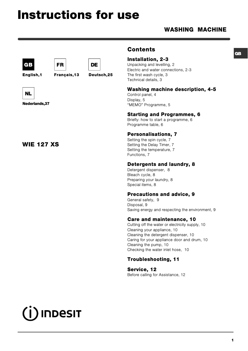 Image de la première page du manuel de l'appareil WIE 127 XS EX