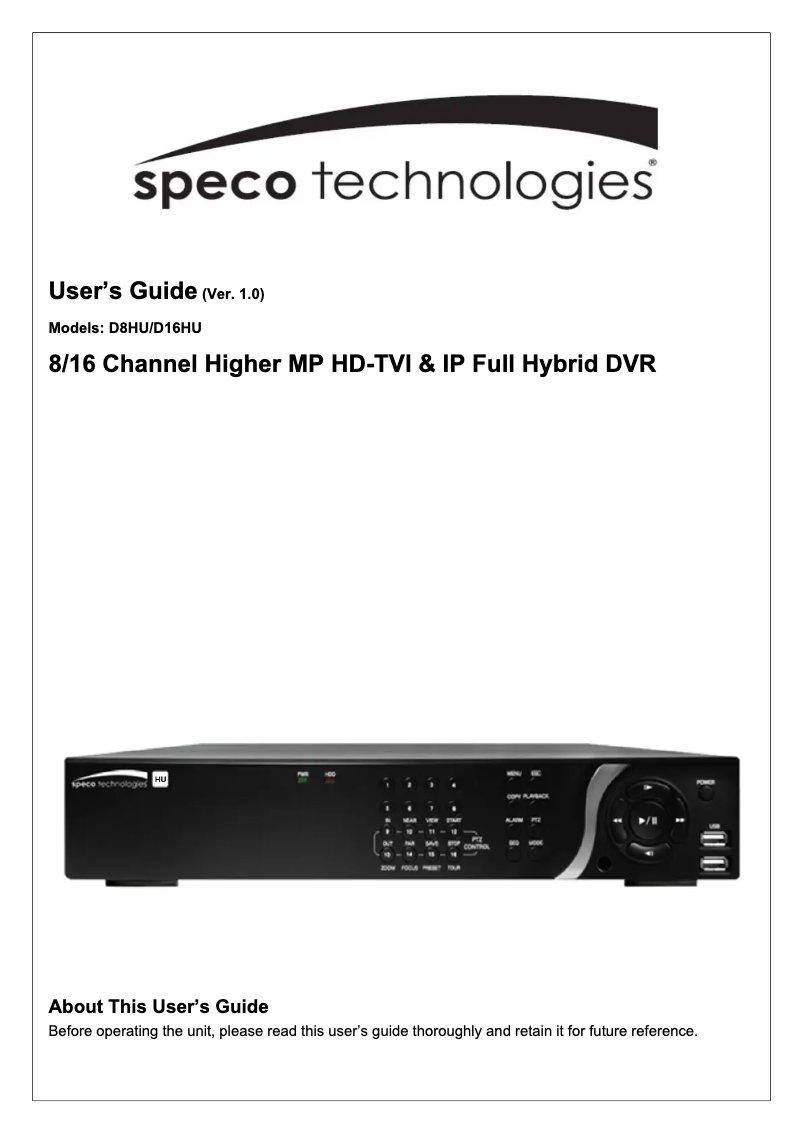 Page n°1 - Manuel utilisateur Speco Technologies D16WHU