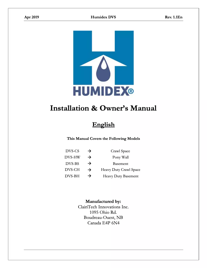 Page 1 de la notice Manuel utilisateur Humidex DVS-BS