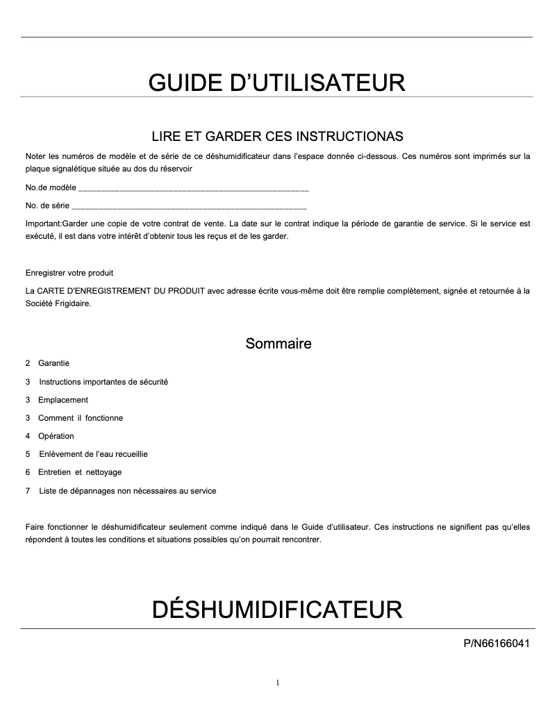 Page 1 de la notice Manuel utilisateur Frigidaire FDM30R1