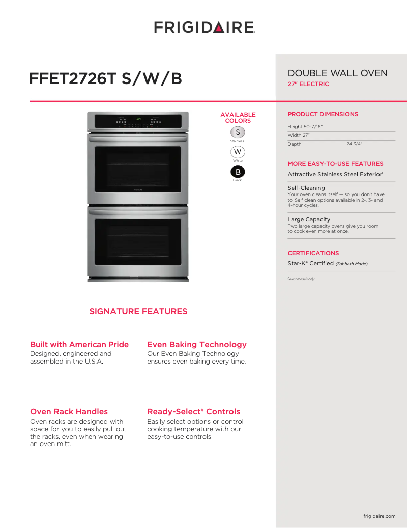 Page n°1 - Fiche technique Frigidaire FFET2726TW