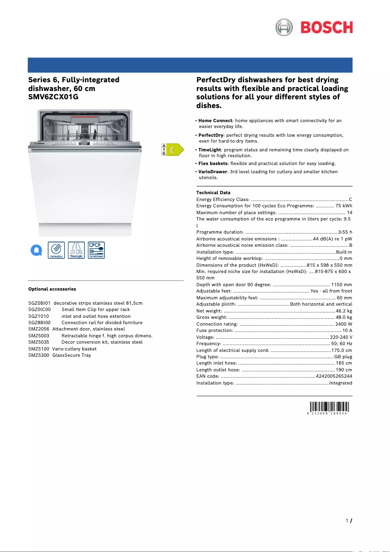 Page 1 de la notice Fiche technique Bosch Serie 6 SMV6ZCX01G