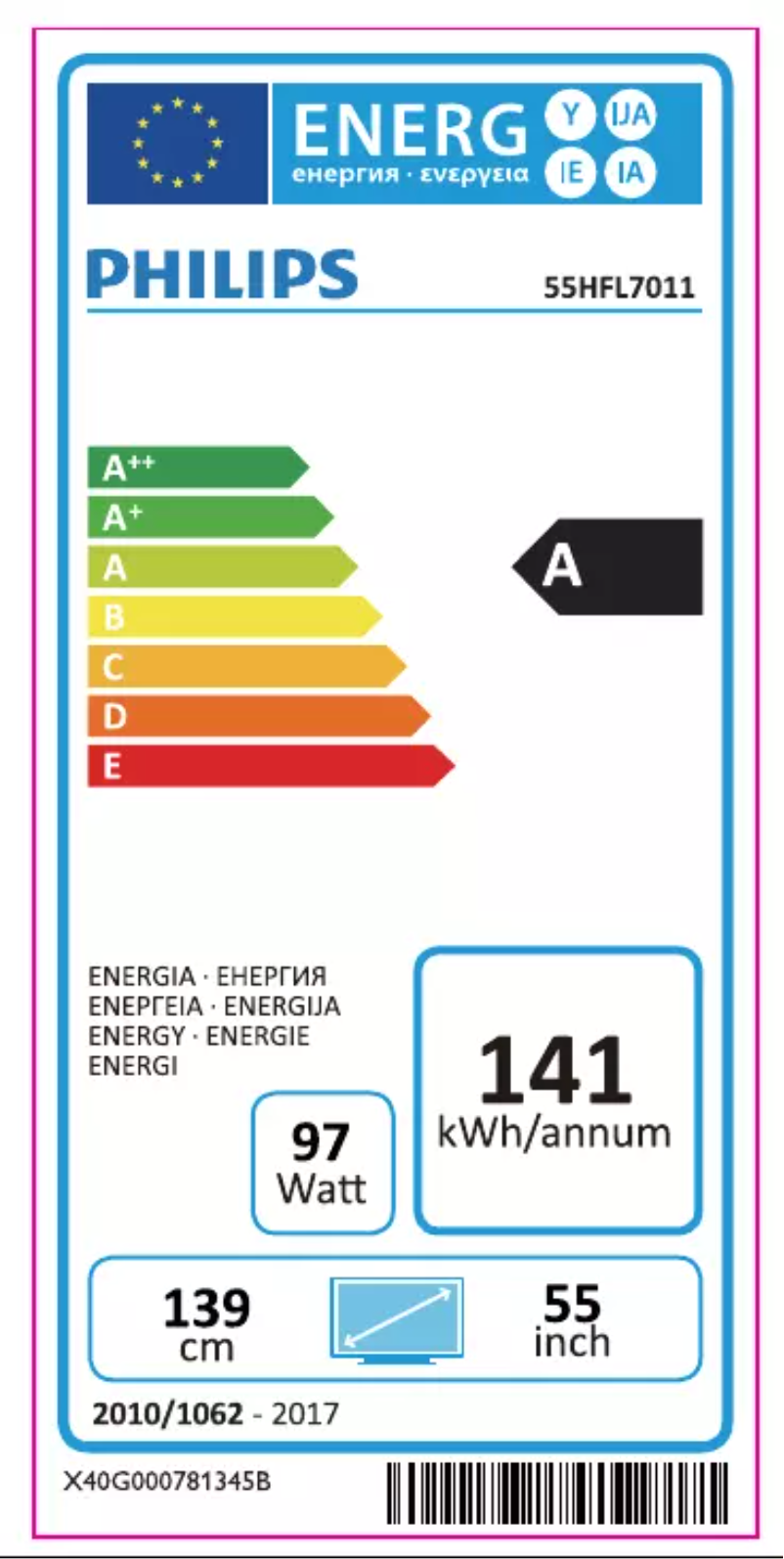 Page 1 de la notice Label énergétique Philips 55HFL7011T
