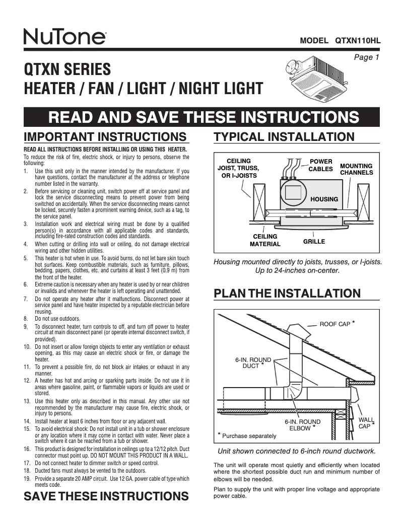 Page n°1 - Guide d'installation NuTone QTXN110HL