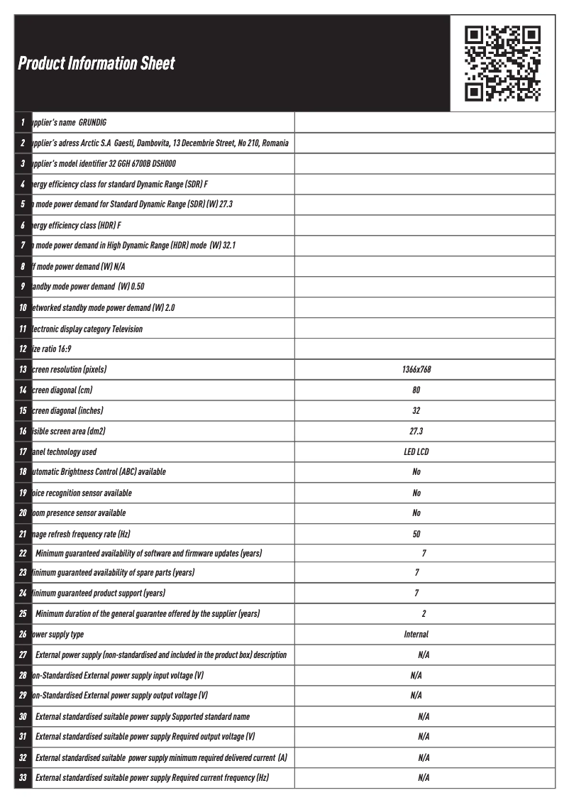 Page n°1 - Fiche technique Grundig 32 GGH 6700B