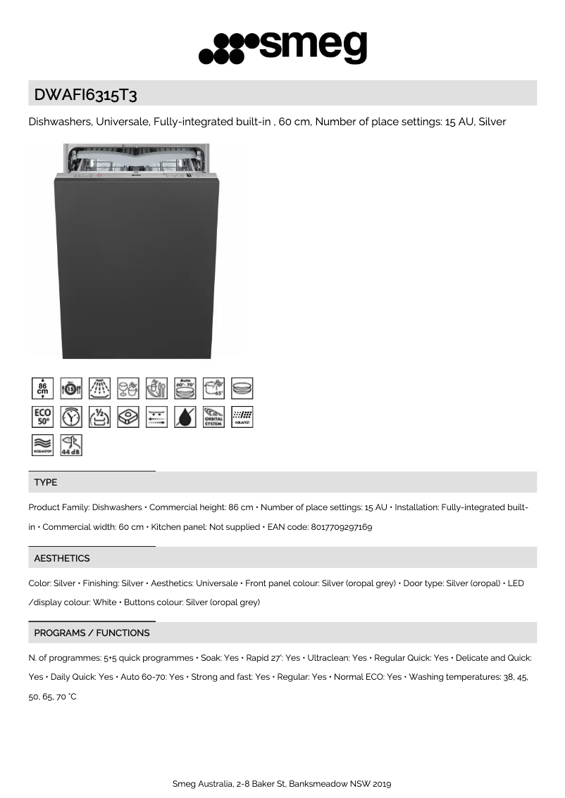 Page 1 de la notice Fiche technique Smeg DWAFI6315T3