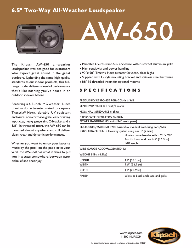 Page 1 de la notice Fiche technique Klipsch AW-650