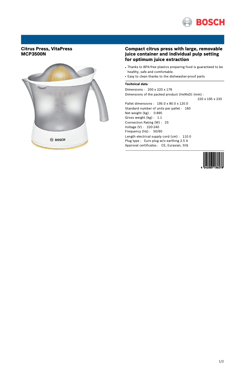 Page n°1 - Fiche technique Bosch MCP3500N