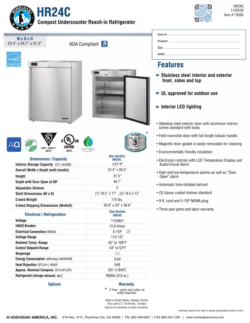 Página 1 del manual Ficha técnica Hoshizaki Commercial HR24A