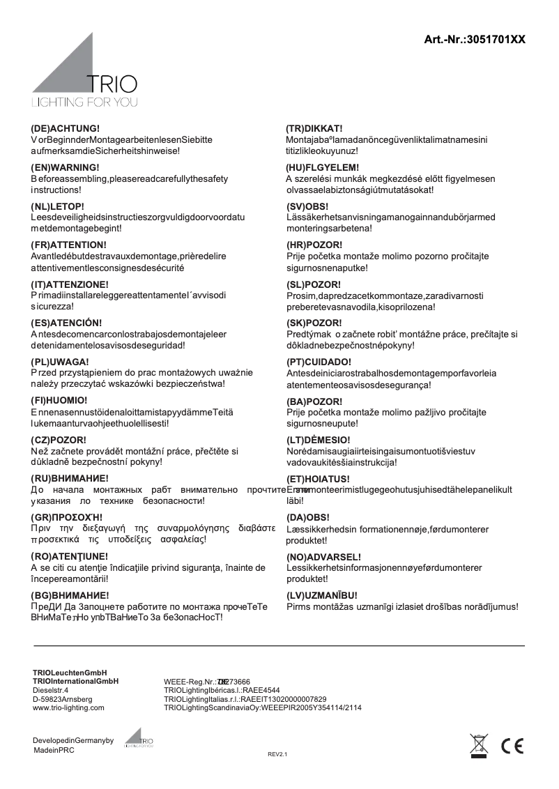 Page 1 de la notice Manuel utilisateur Trio Lighting Carlotta 305170107