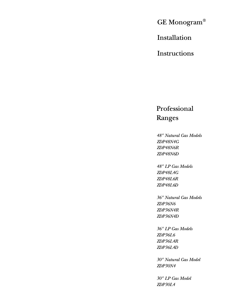 Page n°1 - Guide d'installation GE ZDP48N6RWSS