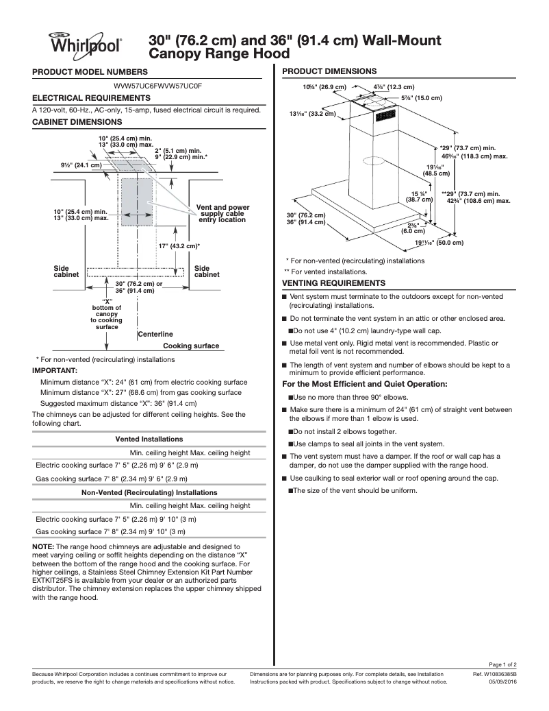 Page 1 de la notice Dessin technique Whirlpool WVW57UC0FS
