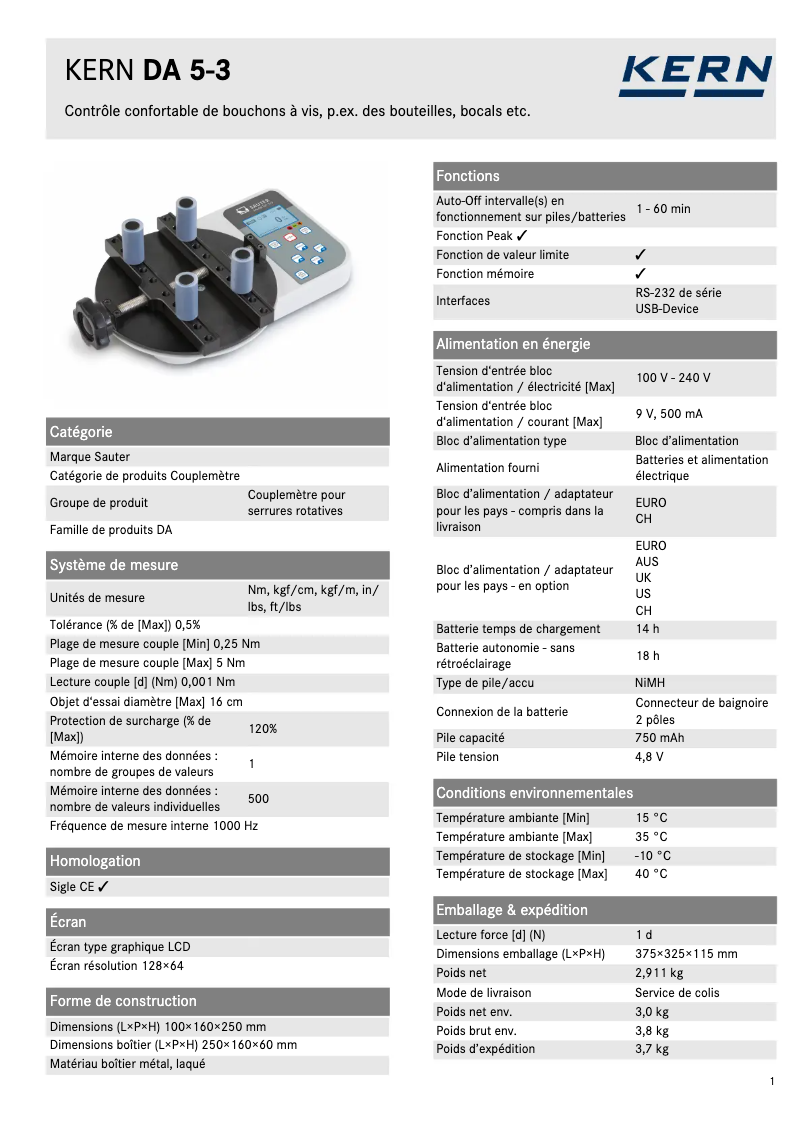Page 1 de la notice Fiche technique Kern DA 5-3