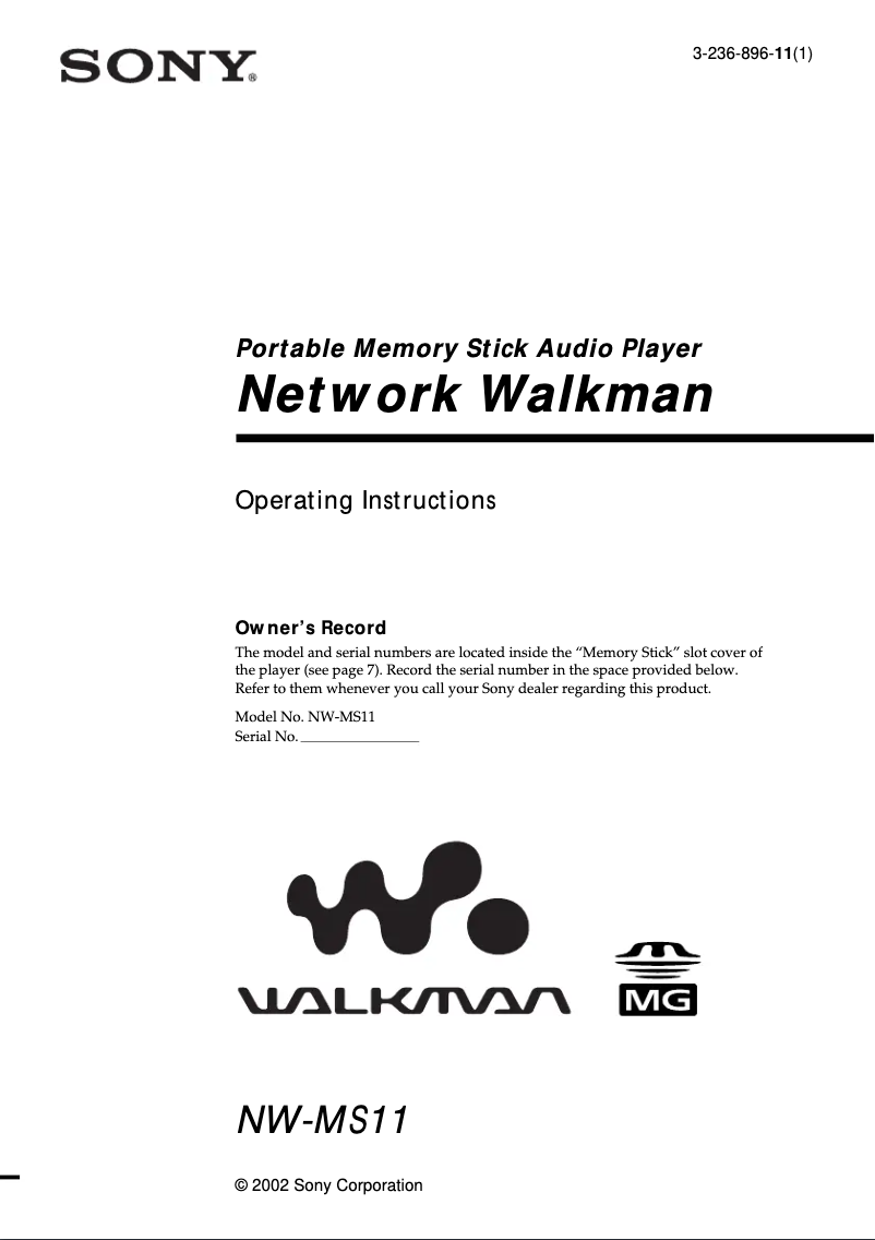 Image de la première page du manuel de l'appareil Walkman NW-MS11