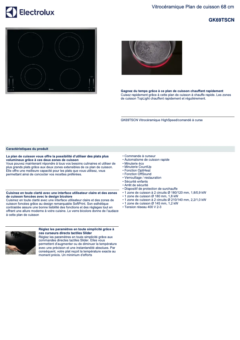 Page 1 de la notice Fiche technique Electrolux GK69TSCN