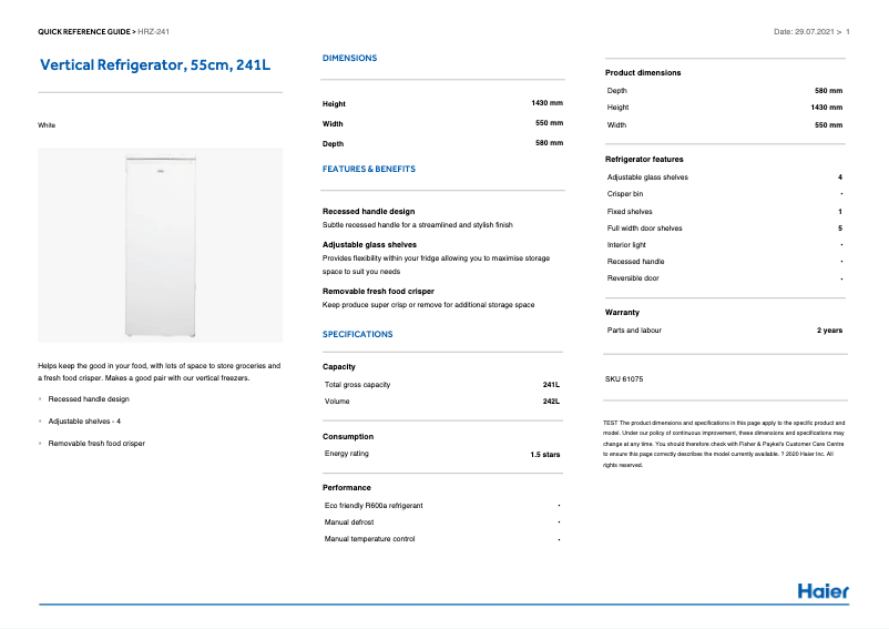 Page 1 de la notice Fiche technique Haier HRZ241