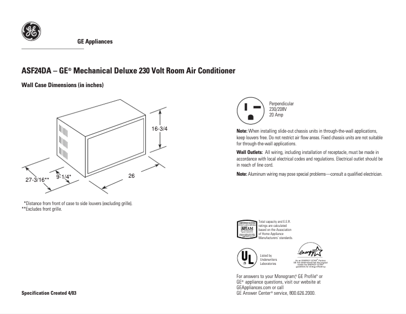 Page 1 de la notice Fiche technique GE ASF24DA
