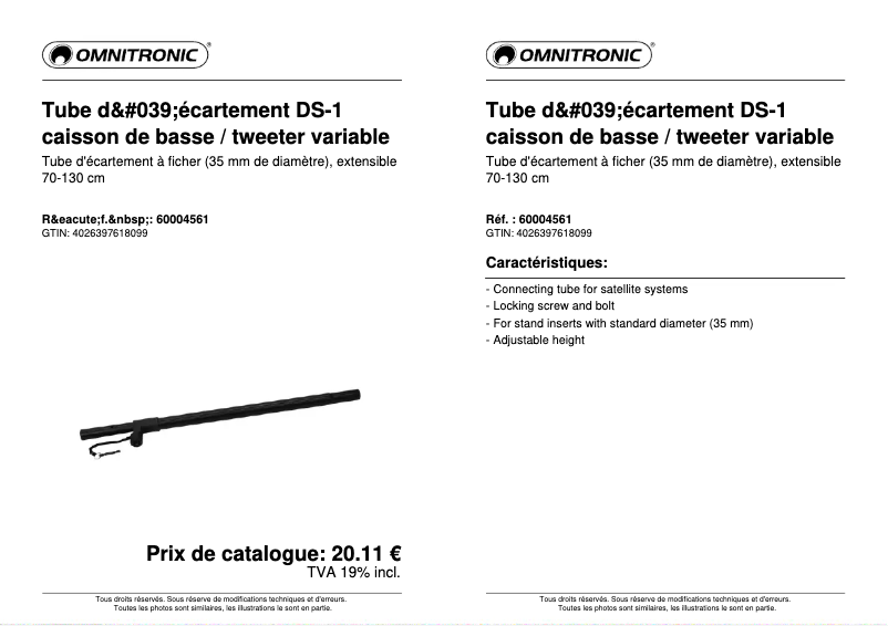 Page n°1 - Fiche technique Omnitronic DS-1