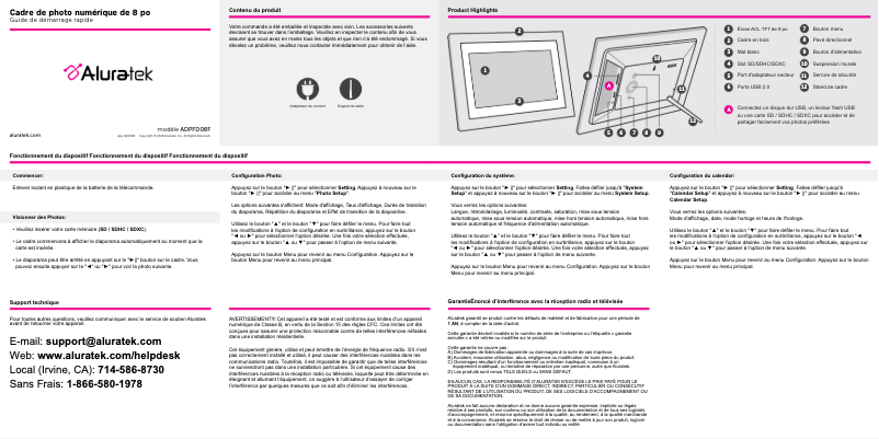Page 1 de la notice Guide de démarrage rapide Aluratek ADPFD08F
