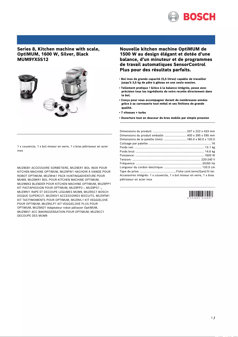 Page n°1 - Fiche technique Bosch MUM9YX5S12