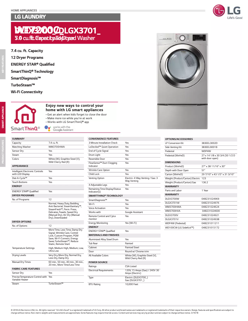 Page n°1 - Fiche technique LG DLEX3700W