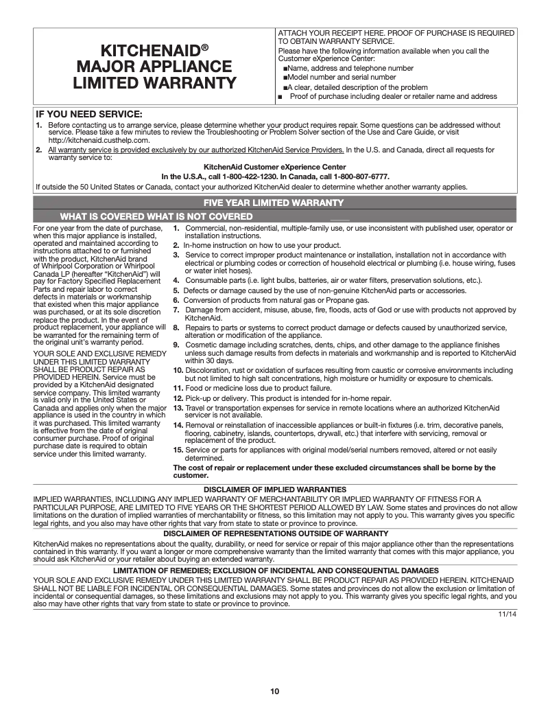 Page 1 de la notice Informations de garantie KitchenAid KMLS311HSS