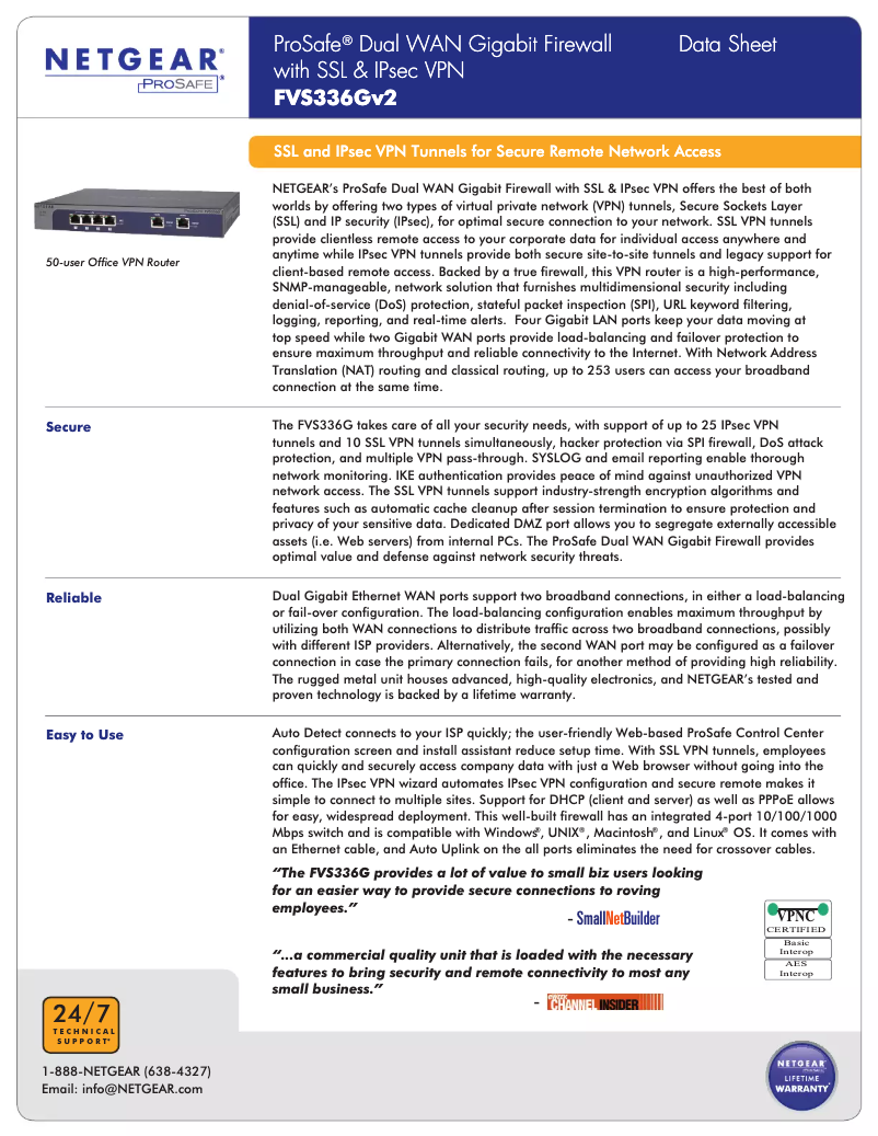 Page 1 de la notice Fiche technique Netgear FVS336Gv2