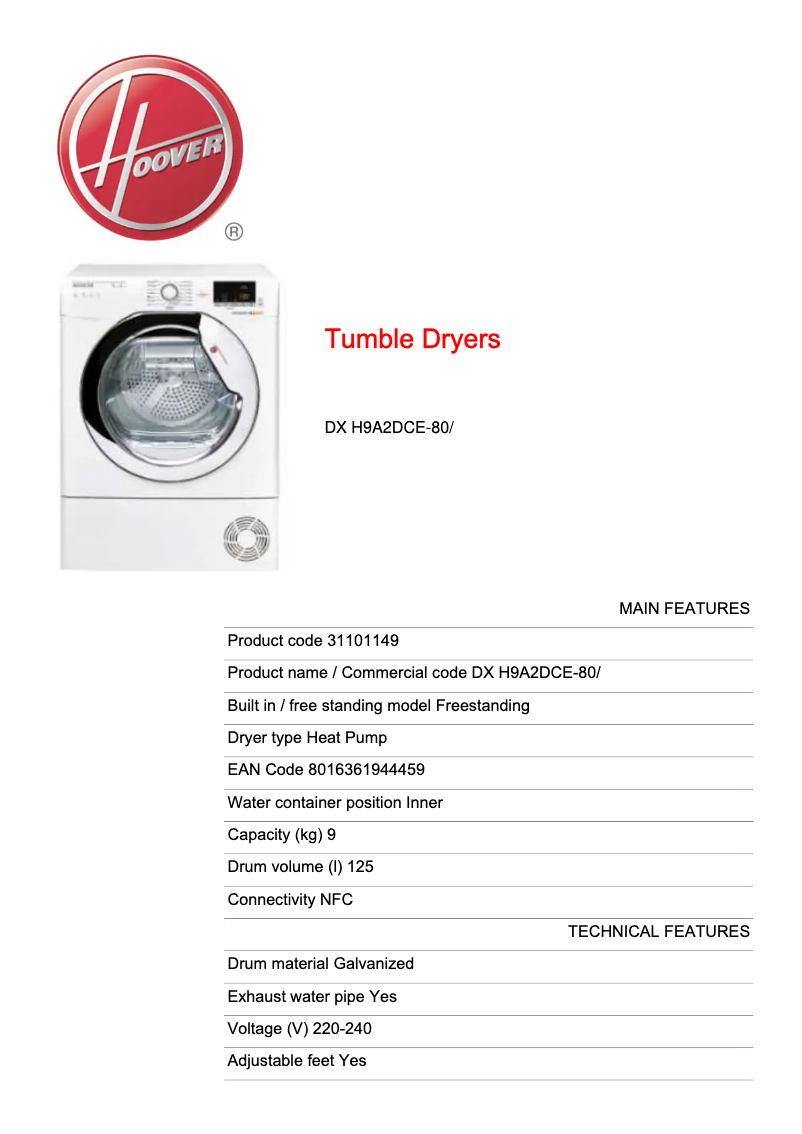 Page n°1 - Fiche technique Hoover DX H9A2DCE-80