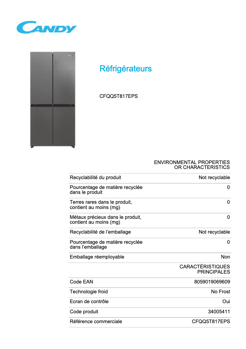 Page 1 de la notice Fiche technique Candy CFQQ5T817EPS