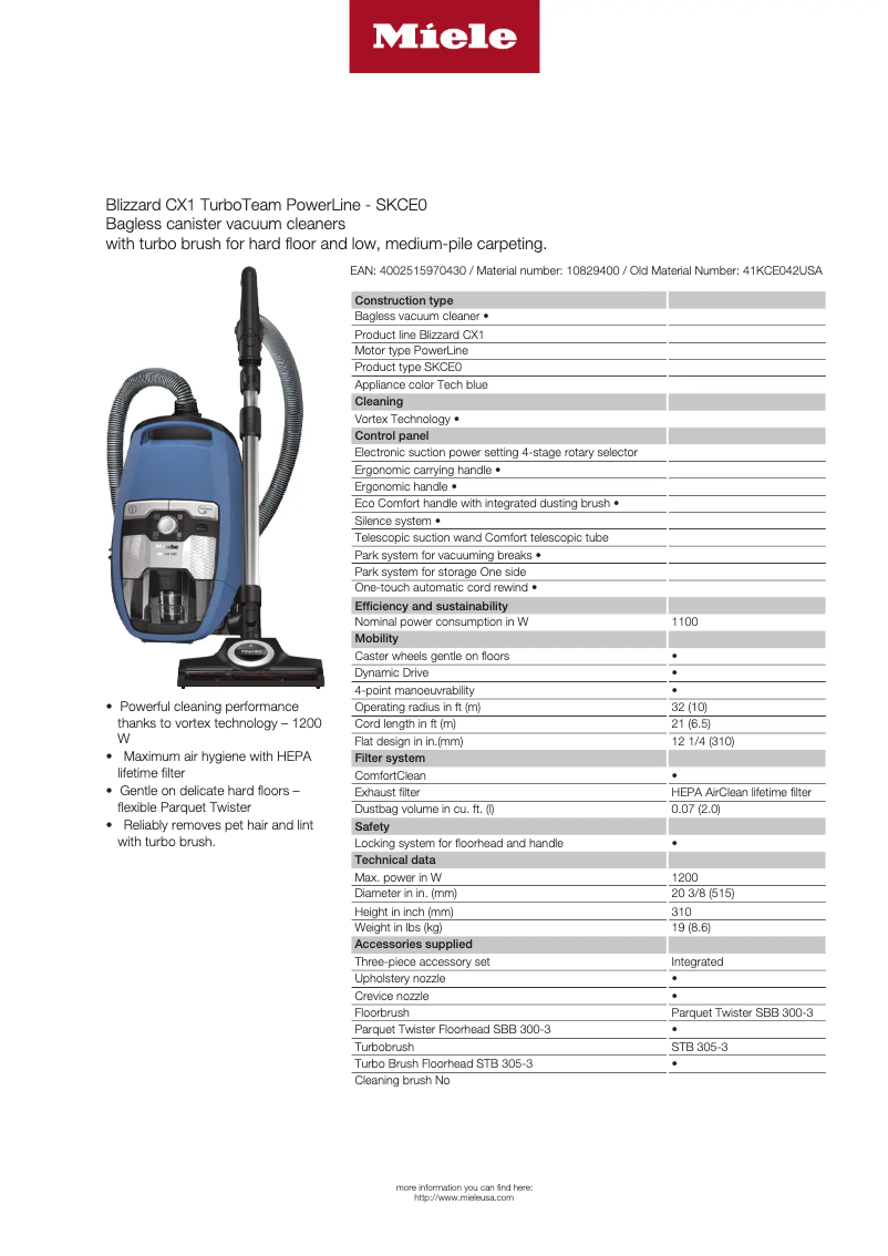 Page 1 de la notice Fiche technique Miele Blizzard CX1 TurboTeam