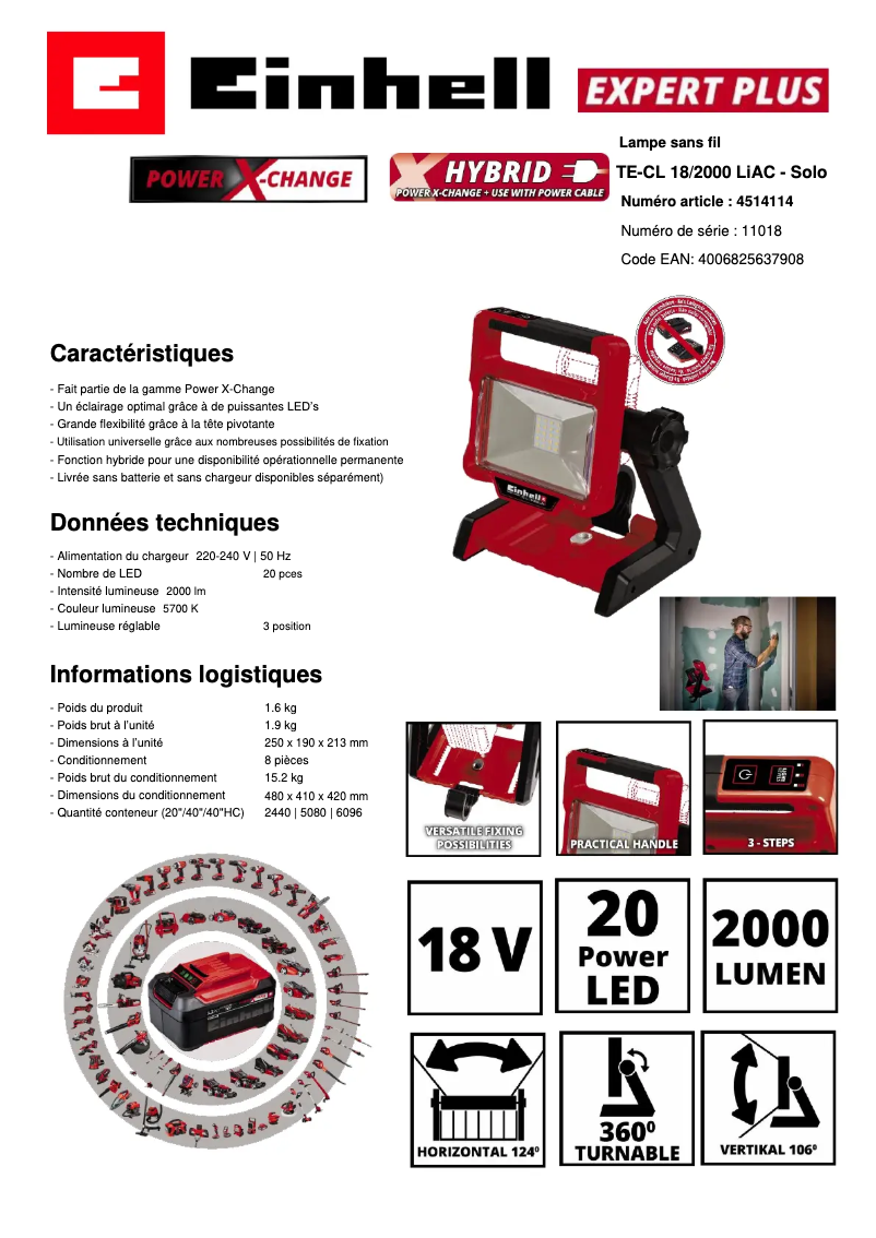 Page 1 de la notice Fiche technique Einhell TE-CL 18/2000 LiAC