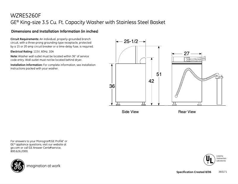 Page 1 de la notice Fiche technique GE WZRE5260FGG