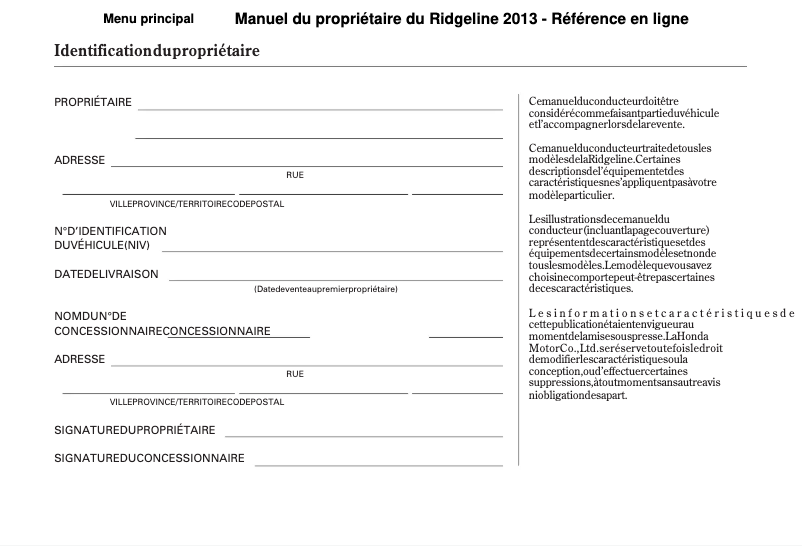 Page 1 de la notice Manuel utilisateur Honda Ridgeline (2013)