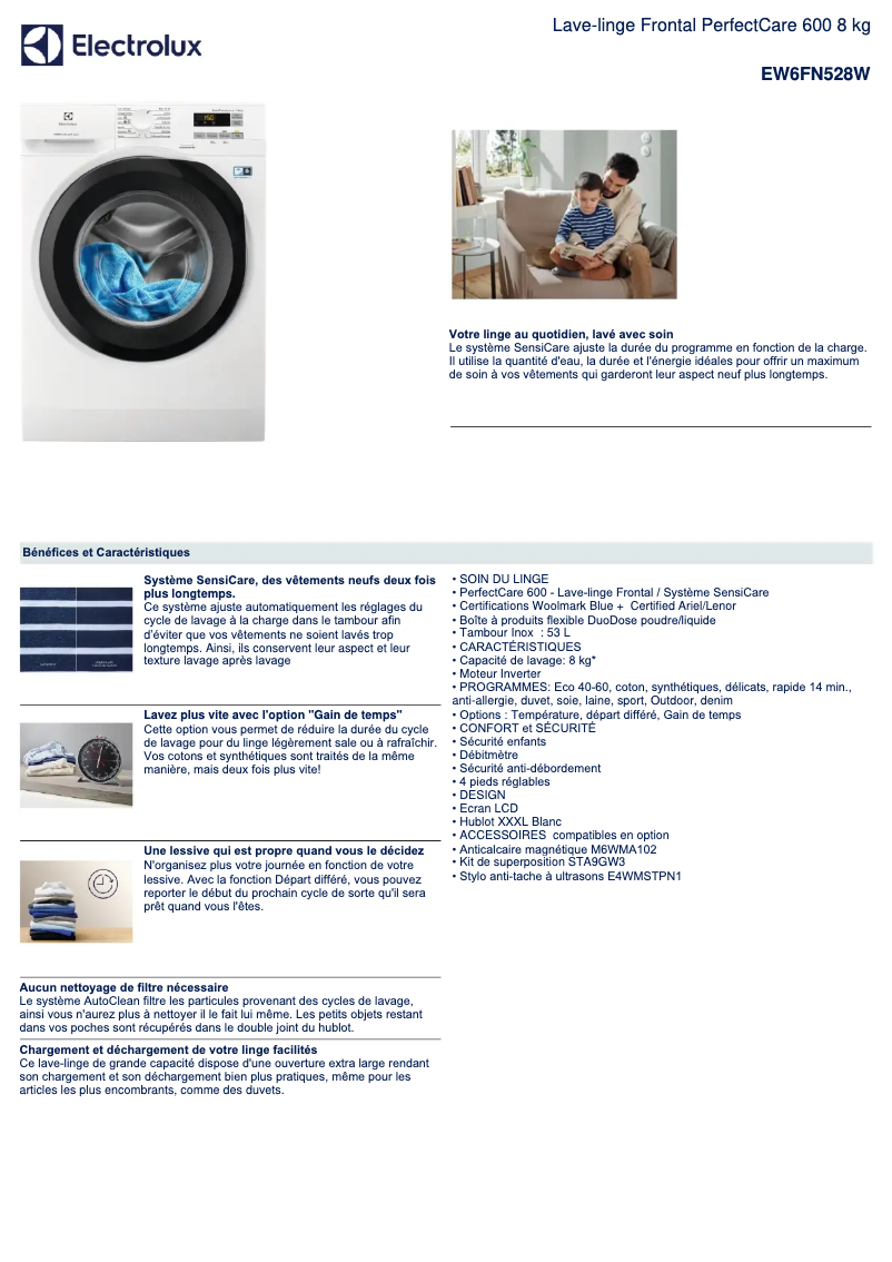 Page 1 de la notice Fiche technique Electrolux EW6FN528W