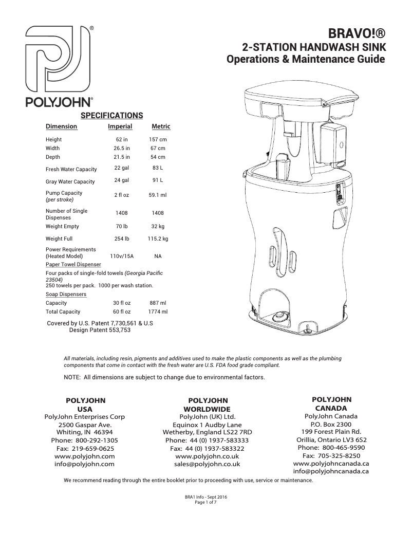 Page 1 de la notice Manuel utilisateur PolyJohn Bravo BRA2-2000