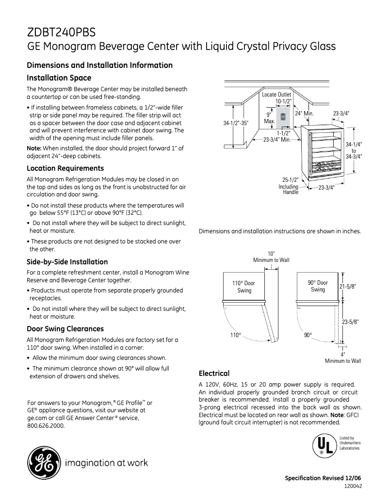 Page 1 de la notice Fiche technique GE ZDBT240PBS